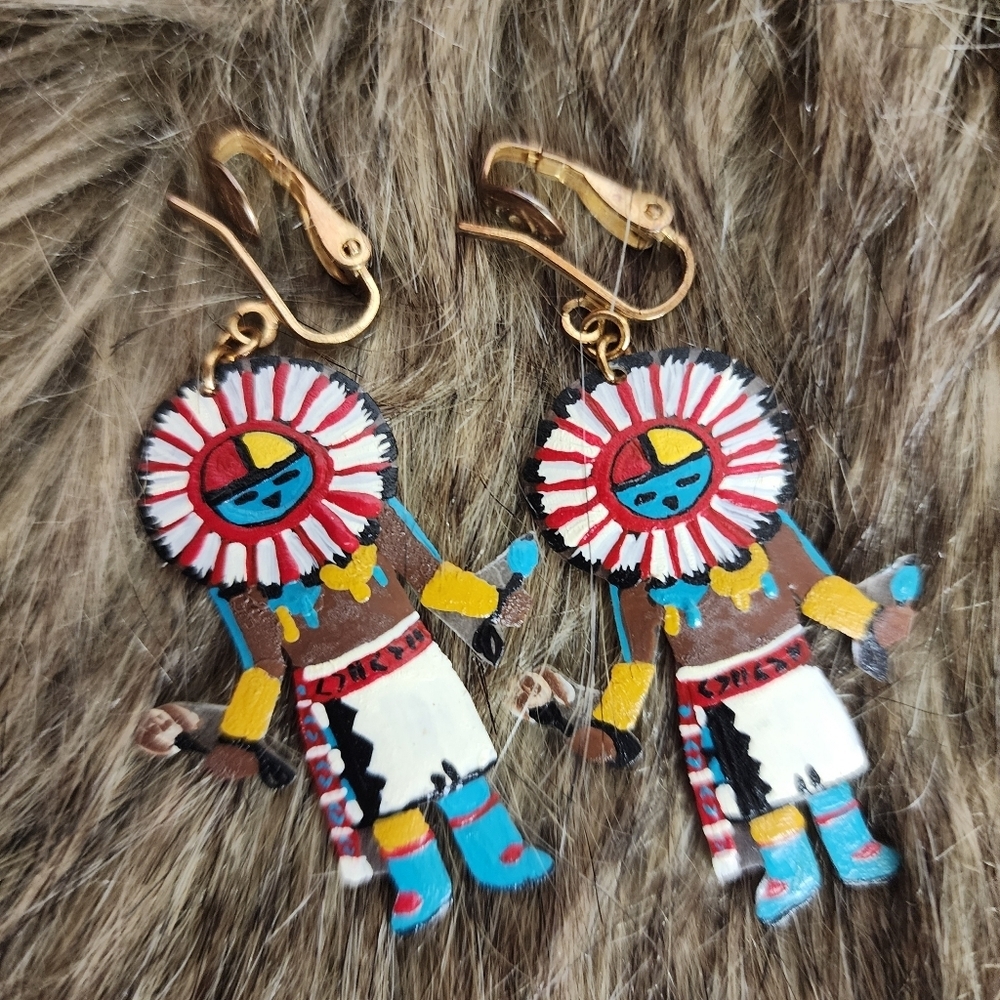 Handpainted Kachina Earrings Clip On Painted Acrylic Native Tribal Southwestern
